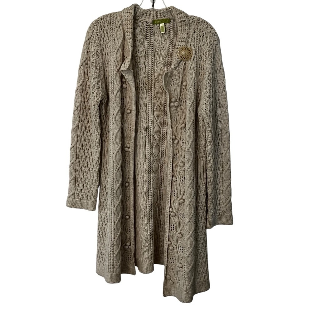Sigrid Olsen Longline Wool Blend Sweater Duster Cardigan fisherman Cream M - Picture 6 of 11